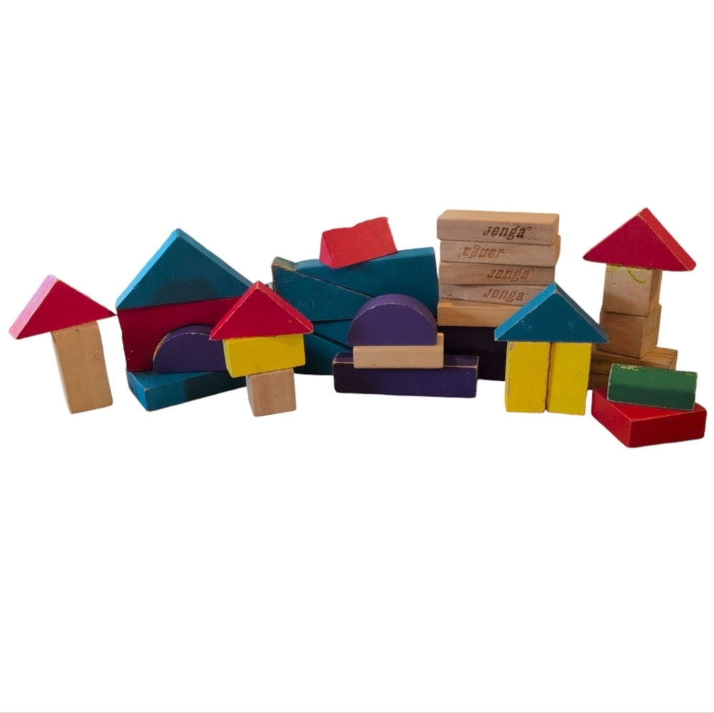 Bundle Of 34 Multicolored Multishaped Wooden Building Blocks